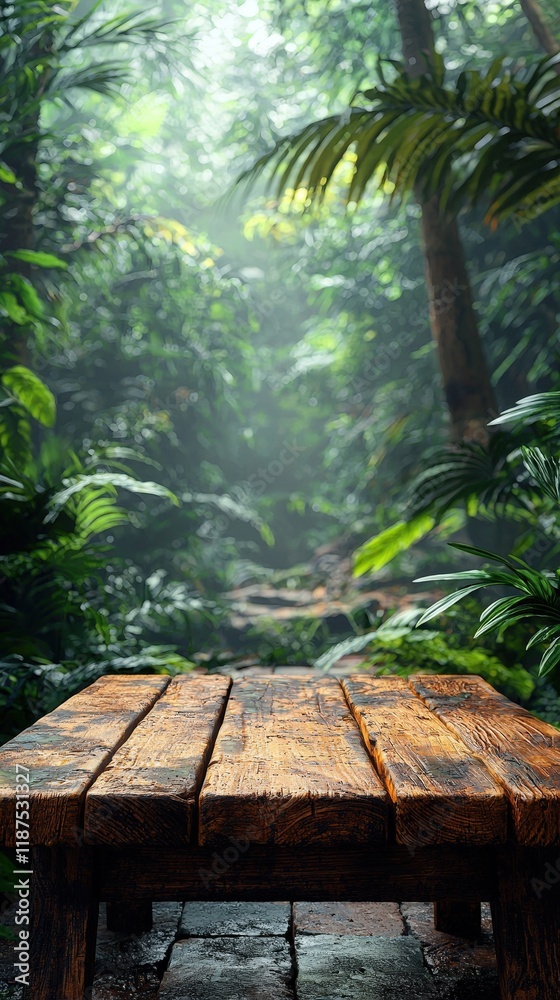 A weathered wooden table sits on a stone patio in a lush, misty jungle setting. Ideal for product placement or nature-themed backgrounds. A weathered wooden table sits on a stone patio in a lush, misty jungle setting. Ideal for product placement or nature-themed backgrounds.