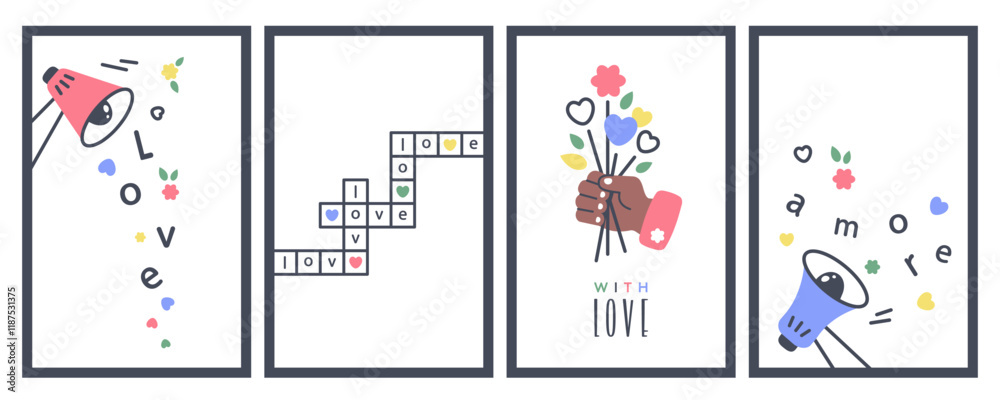 Obraz premium Set of Valentines cads. Loudspeaker with Love message. Cartoon Sound horn. Human Hand holding bouquet of Flowers. Black man Giving Flower. Crossword puzzle with romantic lettering. Vector illustration