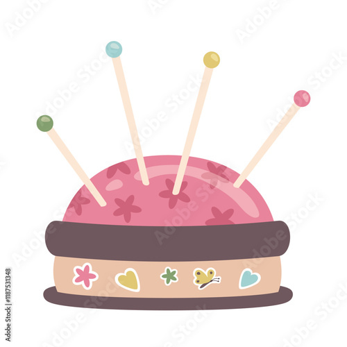 Needle pad isolated on white background. Needle and pin cushion with various colour thin pins. Needlework. Knitting and sewing accessories. Vector illustration