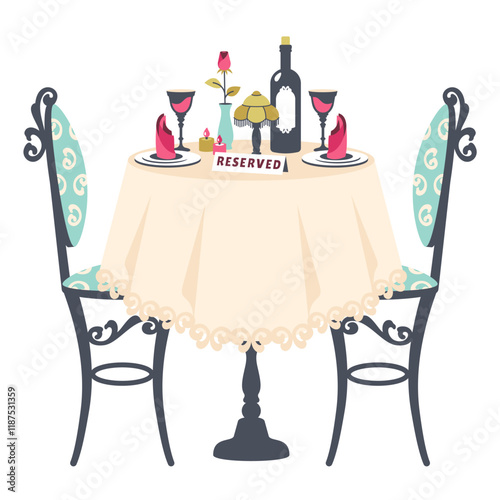 Dinner table at Restaurant. Vintage Table with tablecloth and chairs. Romantic dinner. Table for two with bottle of wine, rose, glasses, cutlery, napkins. Romantic setting. Vector flat illustration