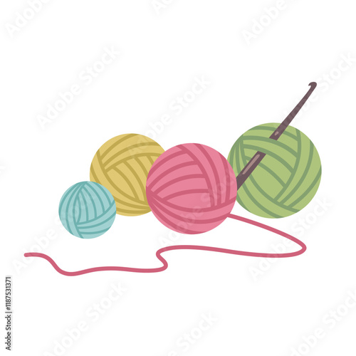 Yarn and threads isolated on white background. Colour Balls of yarn for knitting with crochet needle. Thread yarn with crochet hook. Needlework. Knitting threads. Vector illustration