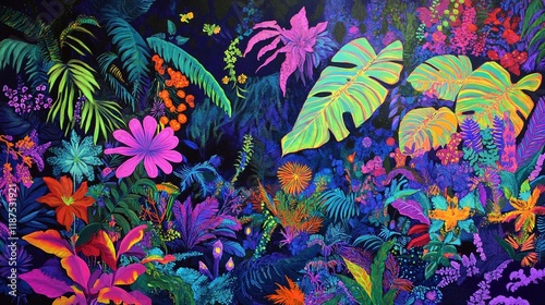Fototapeta Naklejka Na Ścianę i Meble -  Vivid jungle foliage in neon psychedelic colors with glowing tropical leaves