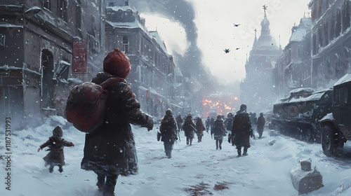 Illustration of a starving child on a front and people walking on winter streets of leningrad siege during the great patriotic war. Starweave. Illustration