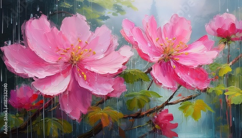 Exquisite Oil Painting Pink Flowers Bloom in a Raindrenched Landscape, Embracing the Romantic Mood and Captivating Beauty of a Rainy Season photo