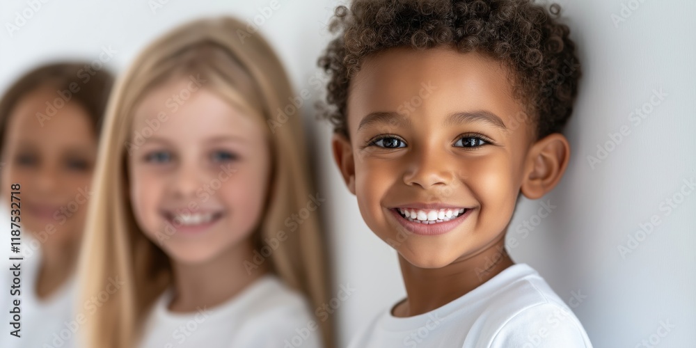 A charming image of three cheerful children, with one boy in the foreground, showcasing their joy and innocence against a clean white backdrop for a vibrant visual impact. A charming image of three cheerful children, with one boy in the foreground, showcasing their joy and innocence against a clean white backdrop for a vibrant visual impact.