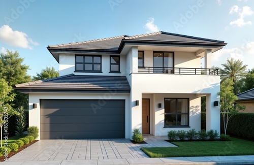 Modern new house exterior in residential area. White facade with dark gray roof and garage door. Front yard has landscaping with green grass and shrubs. Residential property with contemporary design. photo