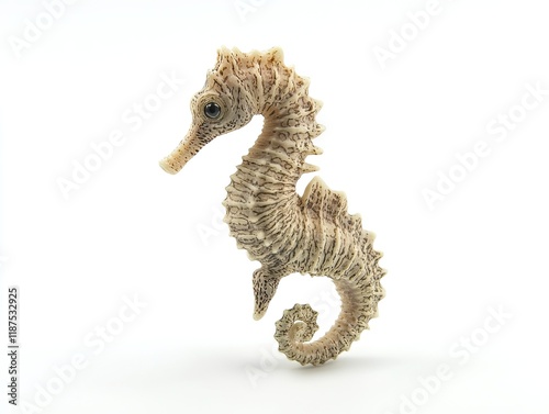 Beige seahorse figurine, isolated on white background, for educational or decorative purposes.