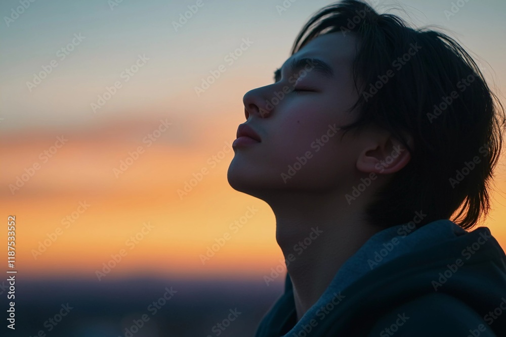 Deep breathing at dawn with eyes closed as the sun rises over the horizon Deep breathing at dawn with eyes closed as the sun rises over the horizon