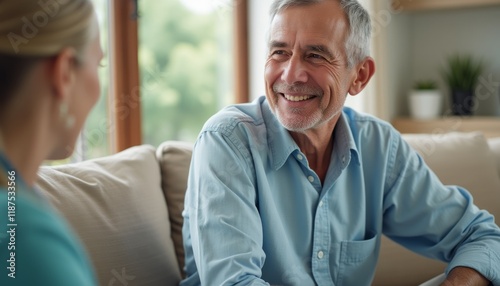 A cheerful senior man with gray hair smiles warmly at a woman during a cozy conversation in a sunlit living room. The scene radiates warmth and connection, highlighting the joy of sharing moments with