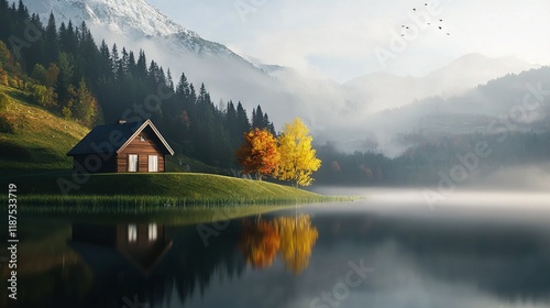   A cozy cottage nestled atop a verdant hillside overlooking tranquil water and encompassed by a dense woodland landscape