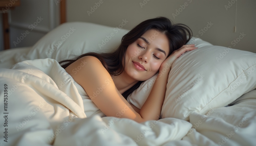 A young woman with long dark hair is peacefully sleeping in a cozy bed, surrounded by soft, white bedding. The gentle sunlight streaming in creates a warm and tranquil atmosphere, highlighting her A young woman with long dark hair is peacefully sleeping in a cozy bed, surrounded by soft, white bedding. The gentle sunlight streaming in creates a warm and tranquil atmosphere, highlighting her