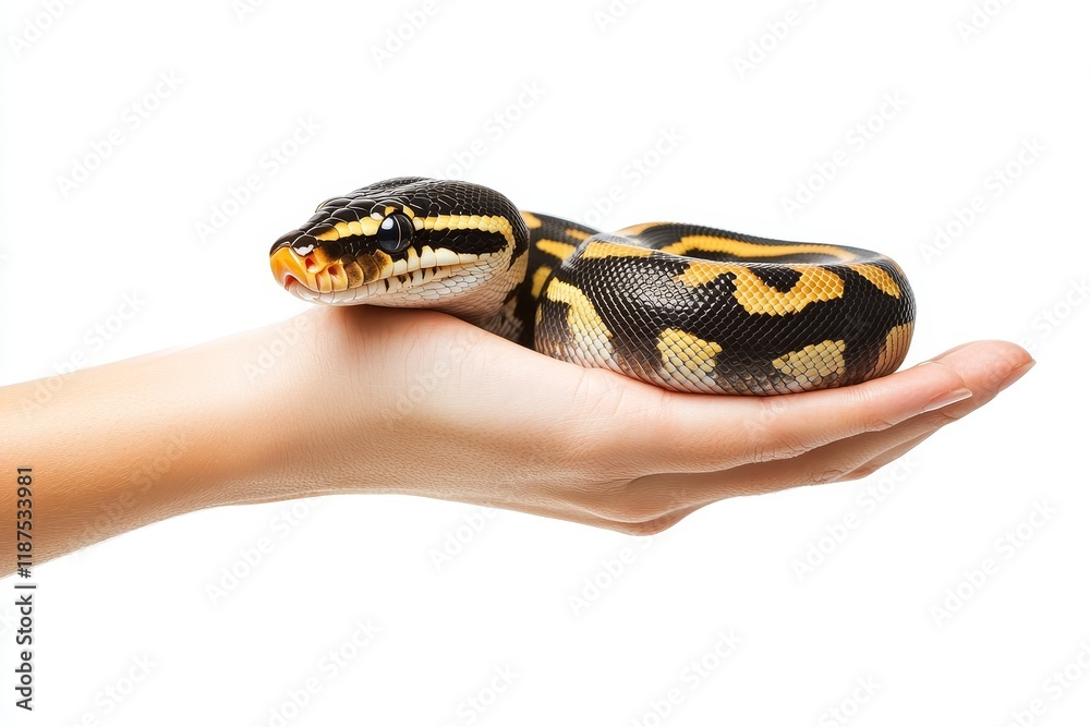 Fototapeta premium Isolated image of a hand holding two babies with a python as the backdrop