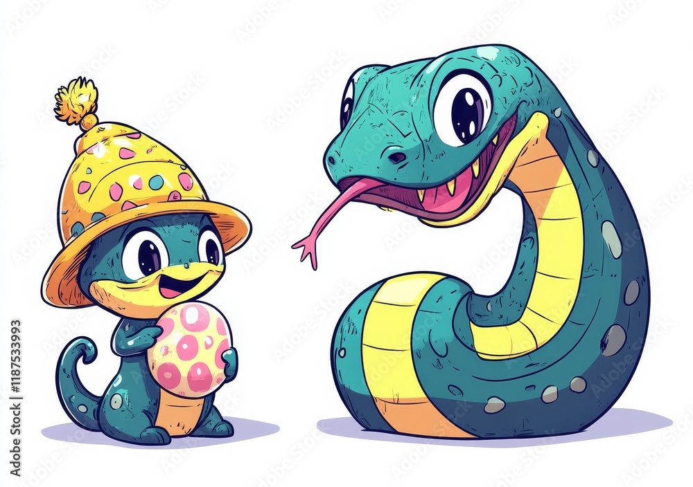 Fototapeta premium A mother snake gently moves a colorful rattle in front of a baby snake with a pacifier, symbolizing the bond of motherhood