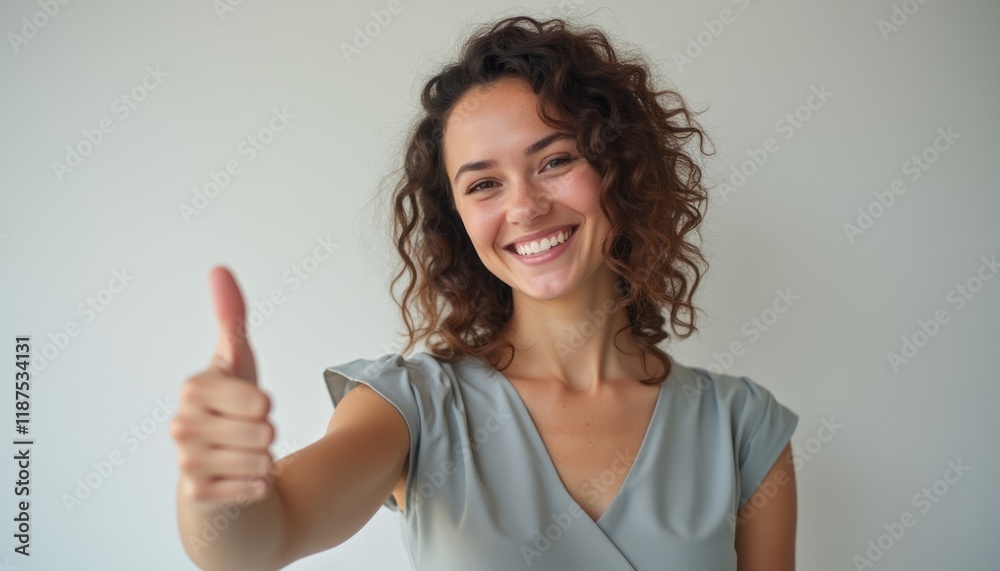 A joyful young woman with curly hair smiles brightly while giving a thumbs up against a neutral background. Her expression radiates positivity and confidence, making this image perfect for conveying A joyful young woman with curly hair smiles brightly while giving a thumbs up against a neutral background. Her expression radiates positivity and confidence, making this image perfect for conveying