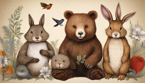 Whimsical Encounter Vintage Bear, Rabbit, and Bird Characters Amidst a FoliageRich Woodland Scene, Evoking a Charming and Nostalgic Mood. photo