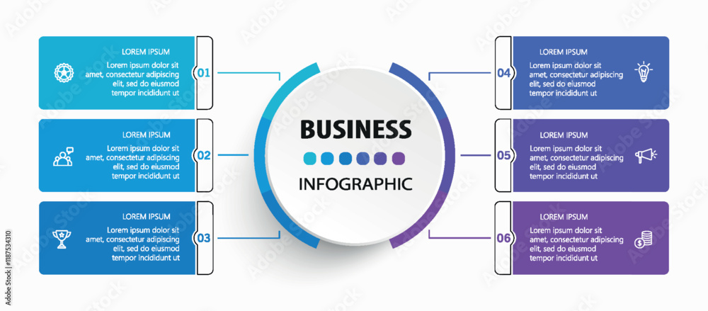 Obraz premium Business infographic vector design template with 6 options, steps or processes. Can be used for workflow layout, diagram, annual report, web design 
