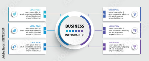 Business infographic vector design template with 6 options, steps or processes. Can be used for workflow layout, diagram, annual report, web design	
