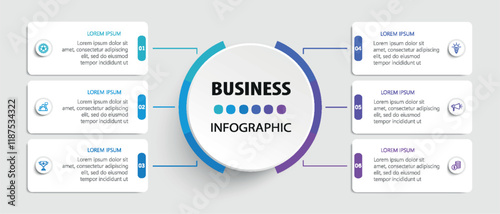Business infographic vector design template with 6 options, steps or processes. Can be used for workflow layout, diagram, annual report, web design	
