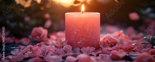 Pink Candle with Soft Rose Petals in Impressionist Style Dreamy Atmosphere for Hindu Festival of Lights photo