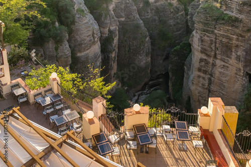 Aerial view of the Ronda medieval town at sunset, Andalusia, Spain