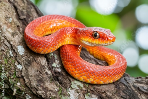 Close-up shot of a baby Red boiga snake on a tree branch. Stock photo