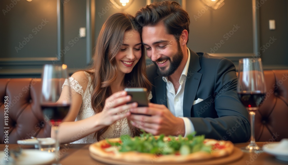 A happy couple sits at a beautifully set table, sharing a moment over a delicious pizza and glasses of red wine. Their joyful expressions and intimate atmosphere create a perfect scene of love and