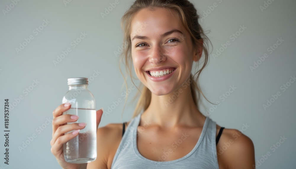 A cheerful young woman with long hair smiles brightly while holding a clear bottle of water, radiating health and vitality. The image captures the essence of hydration and wellness, inviting viewers A cheerful young woman with long hair smiles brightly while holding a clear bottle of water, radiating health and vitality. The image captures the essence of hydration and wellness, inviting viewers