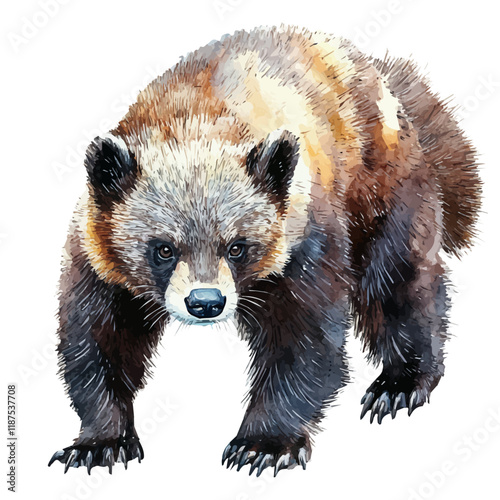 A watercolor vector painting of a Wolverine, isolated on a white background. Wolverine vector.

