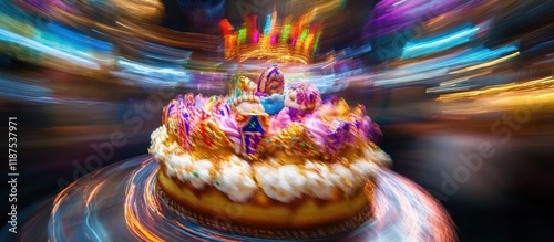 A vibrant and dynamic image of an exploding birthday cake surrounded by a burst of colorful blurred motion and radiant lighting creating a sense of magical and fantasy