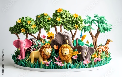 A colorful 3D cake designed as a jungle theme with edible animals like lions and elephants on a clean white background photo