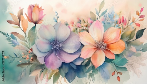 Delicate Watercolor Drawing of SoftColored Flowers in a Whimsical Landscape, Brimming with Vibrant Hues and Textural Nuances. photo