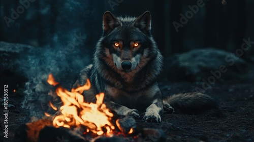 Gray wolf with glowing eyes beside a campfire in a dark forest at night.