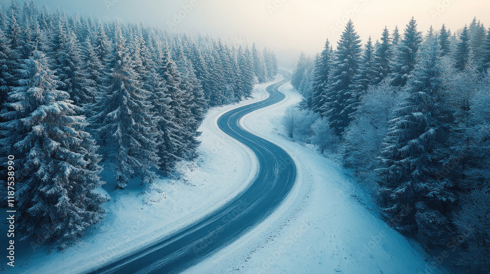 Top-down photography of a snowy forest with a single winding road creating a contrast against the white terrain Top-down photography of a snowy forest with a single winding road creating a contrast against the white terrain