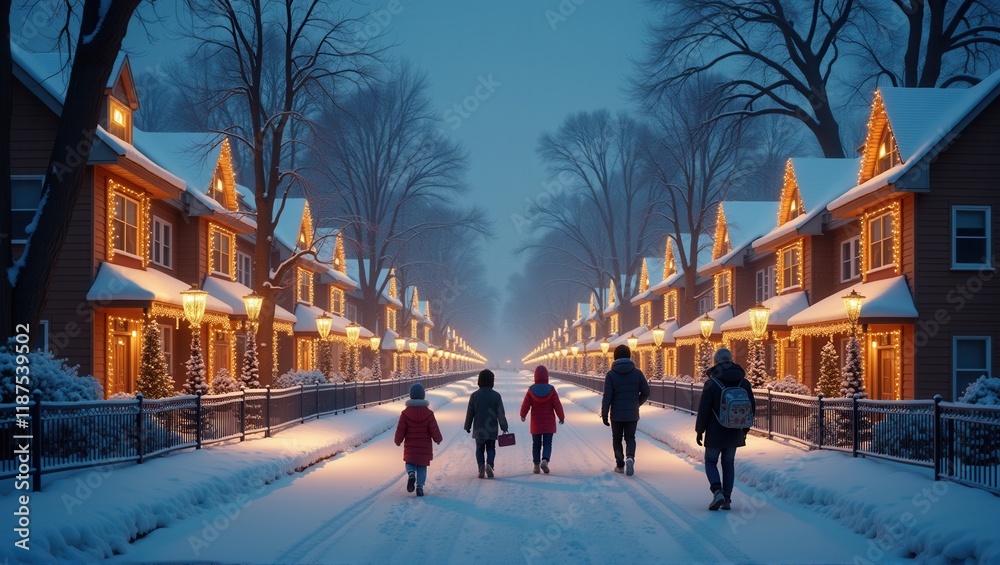 Fototapeta premium A family of five walks through a snow-covered neighborhood lined with beautifully lit houses, menorahs glowing warmly on porches, and a festive tree in the distance. Generative, AI,