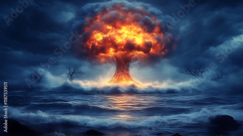 Apocalyptic Fireball Tree: A Dark, Dramatic Seascape photo