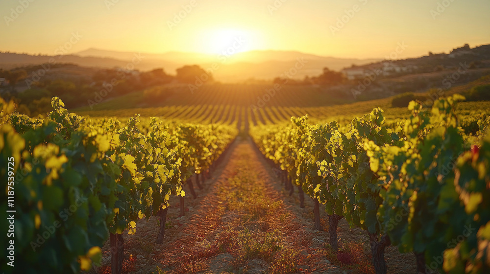 Fototapeta premium Top-down shot of a vineyard with neat rows of grapevines stretching into the horizon under soft sunlight