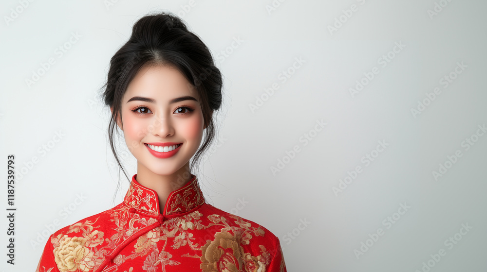 Smiling Chinese woman in red traditional dress with floral patterns, showcasing joy and elegance. Smiling Chinese woman in red traditional dress with floral patterns, showcasing joy and elegance.