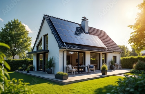 Modern eco house with solar panels on gable roof. Landscaped yard, deck. Sunny day. Ideal for eco-friendly homes, renewable energy topics. Modern architecture. Residential building. Passive house