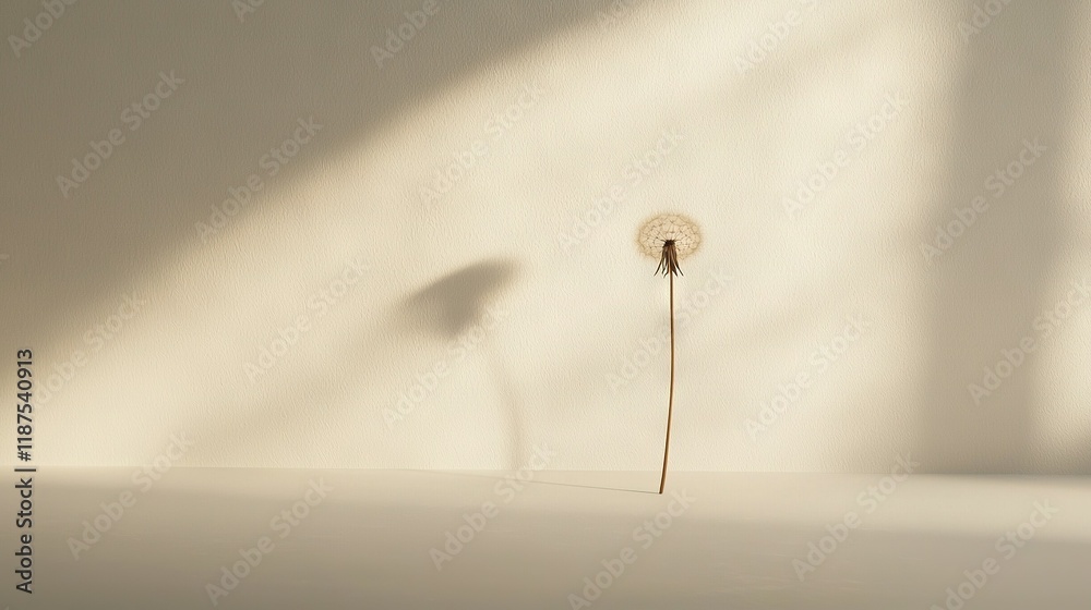A dandelion in a dim room with shadows on walls and a backdrop A dandelion in a dim room with shadows on walls and a backdrop
