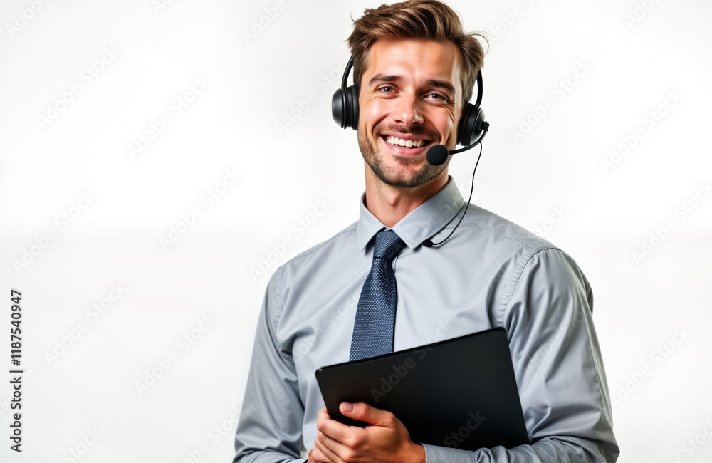 Young man in formal attire wears headset, smiles. Call center representative holds folder. Looks friendly, ready to provide assistance. Setting pro office environment. Background plain white for Young man in formal attire wears headset, smiles. Call center representative holds folder. Looks friendly, ready to provide assistance. Setting pro office environment. Background plain white for
