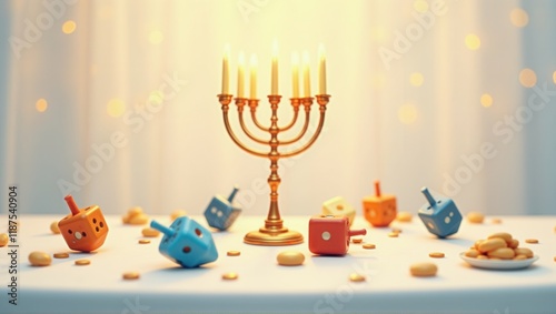 Colorful dreidels with numbers and candy scattered on a pastel blue table, a lit menorah glowing softly in the background, symbolizing Hanukkah celebrations. Generative, AI,