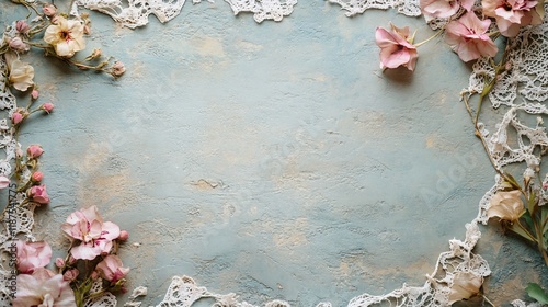 Pastel pink flowers and lace frame on textured blue background.