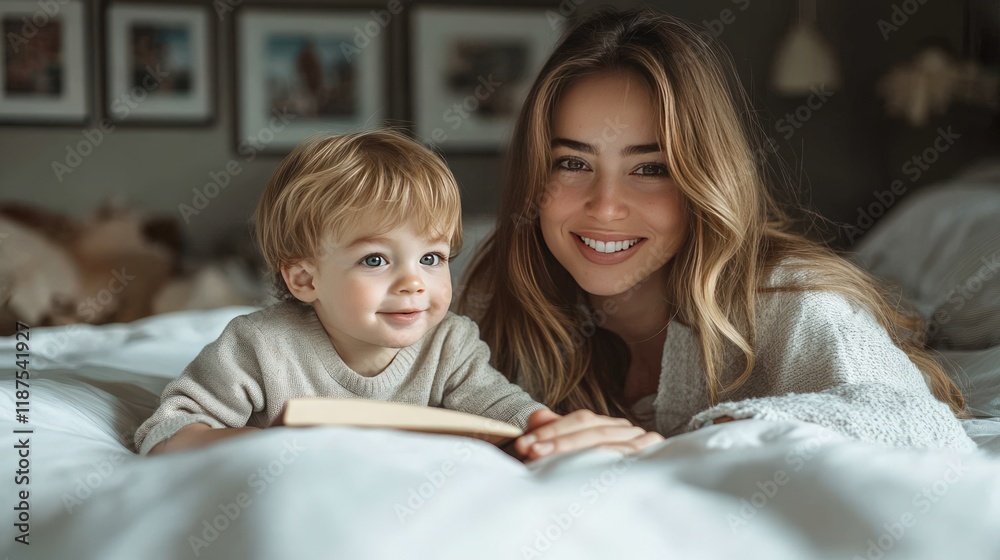 Happy mother and toddler son lying on bed, smiling at camera, reading book. Happy mother and toddler son lying on bed, smiling at camera, reading book.
