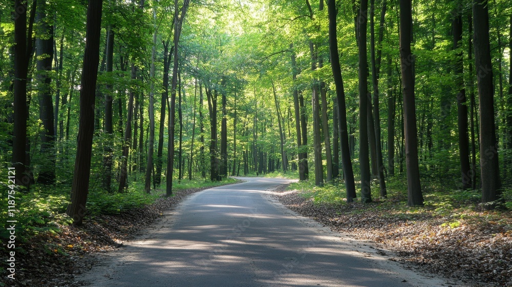 Obraz premium A serene forest road twisting through tall trees with sunlight streaming onto the pavement.