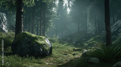 A tranquil forest clearing with moss-covered rocks and ferns.
