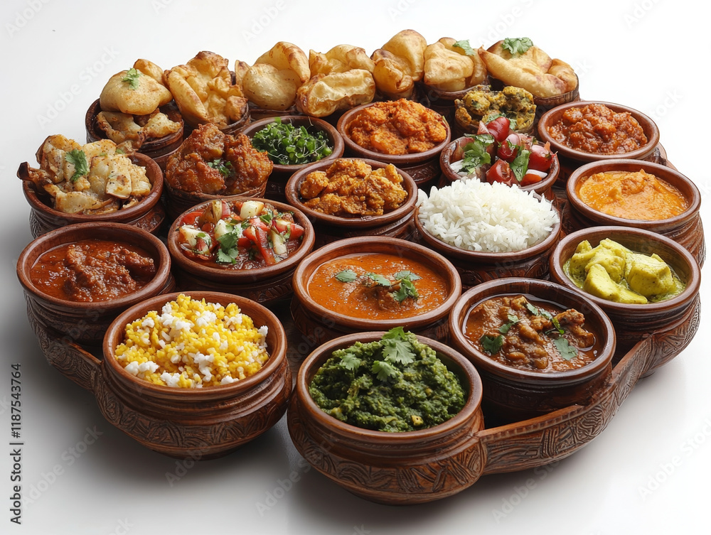 An array of Indian curries, rice, and bread in earthenware bowls. An array of Indian curries, rice, and bread in earthenware bowls.