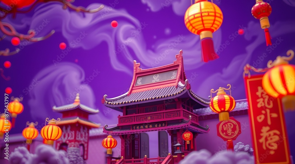 Fototapeta premium Enchanted Chinese Pavilion: Festive Lanterns and Purple Sky