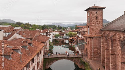 Aerial view of a picturesque Saint-Jean-Pied-de-Port town in France