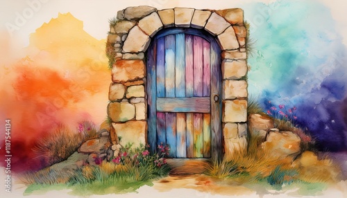 Fantastical Watercolour Scene Vintage Stone House Doors Amidst a Surreal Coloured Landscape, Showcasing Whimsical Blend of Reality and Imagination. photo