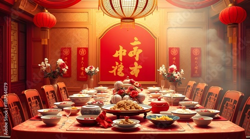 Opulent Lunar New Year Feast: A Vibrant Chinese Table Setting photo